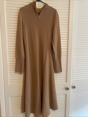 Cashmere Lewit Camel Long-Sleeve Knit Zip-Collar Dress